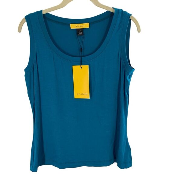 St. John Women’s M Sleeveless Top‎ Solid Teal Baltic Blue Tee Simple Basic New - Picture 1 of 7